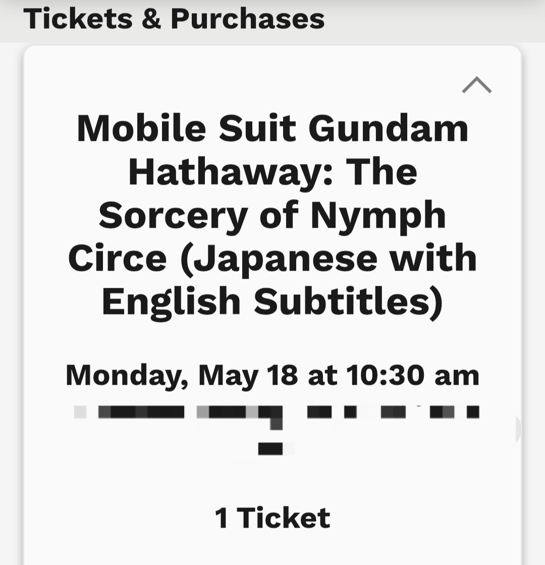 Web ticket for Mobile Suit Gundam Hathaway: The Sorcery of Nymph Circe {Japanese audio with English subtitles).